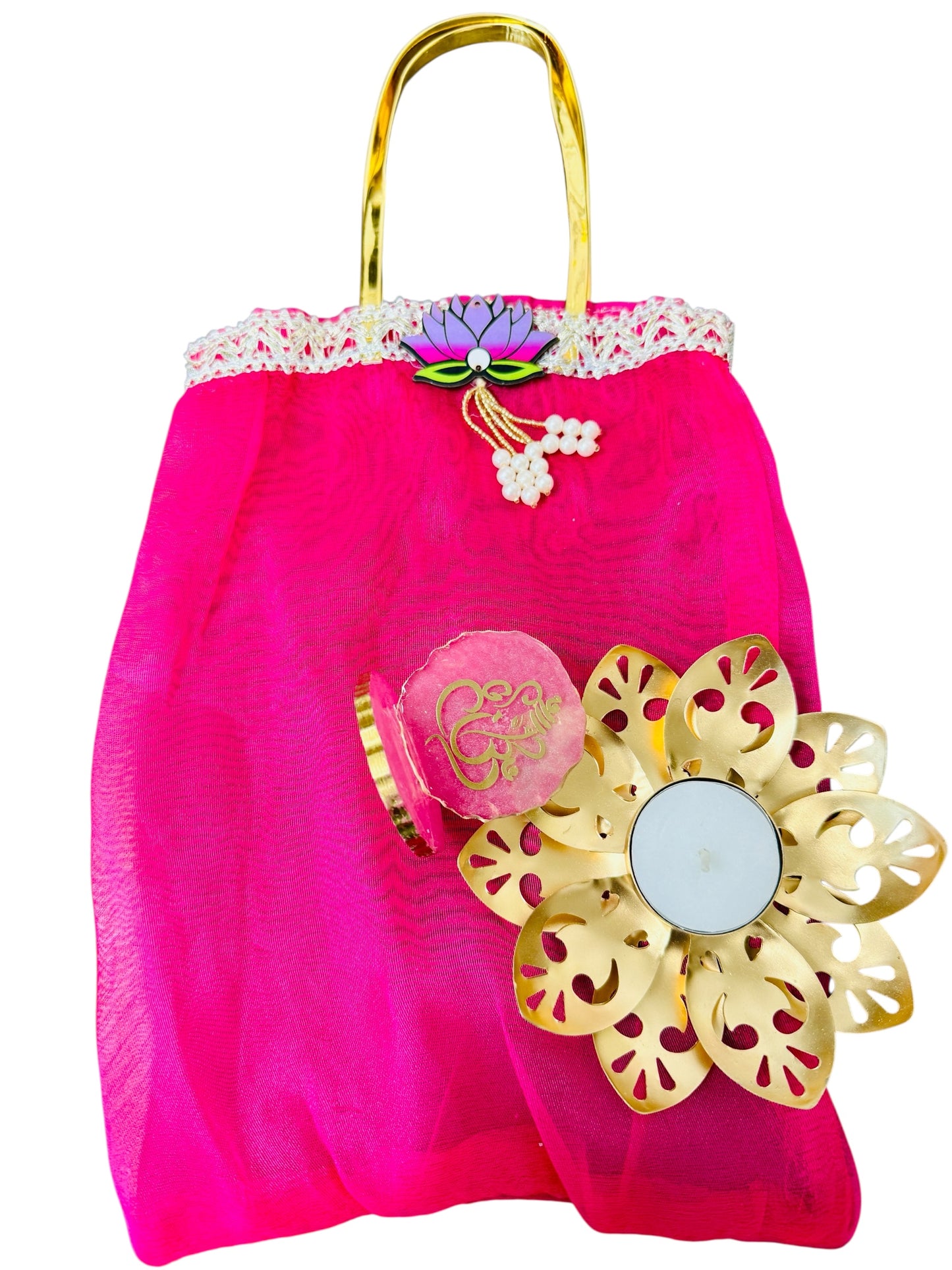 Gift Combo - Metal Lotus Diya with Resin Ganesha in Tissue Gift Bag