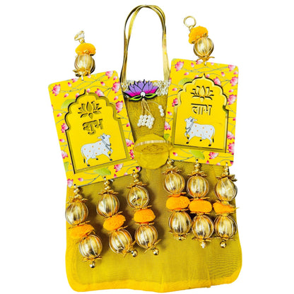 Gift Combo - Pair of Shubh Labh & Resin Ganesha in Tissue Fabric Reusable Gift Bag