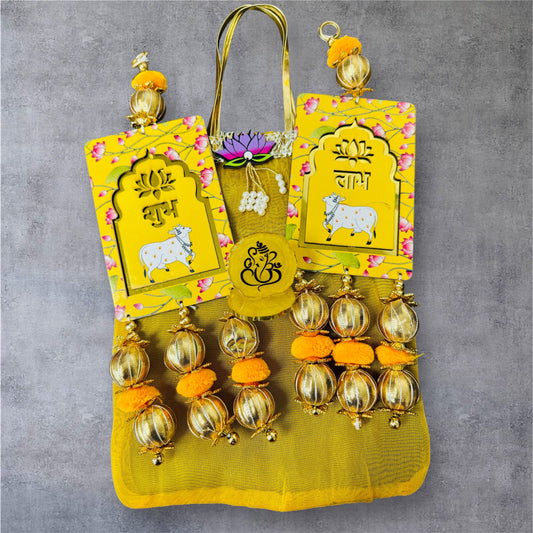 Gift Combo - Pair of Shubh Labh & Resin Ganesha in Tissue Fabric Reusable Gift Bag