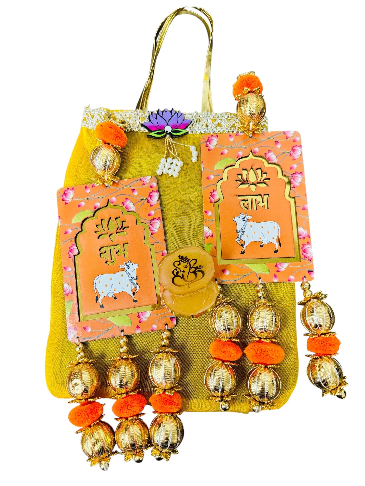 Gift Combo - Pair of Shubh Labh & Resin Ganesha in Tissue Fabric Reusable Gift Bag