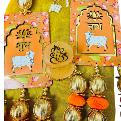Gift Combo - Pair of Shubh Labh & Resin Ganesha in Tissue Fabric Reusable Gift Bag