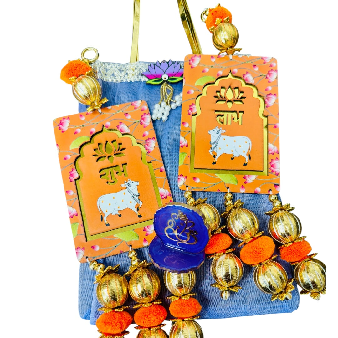 Gift Combo - Pair of Shubh Labh & Resin Ganesha in Tissue Fabric Reusable Gift Bag