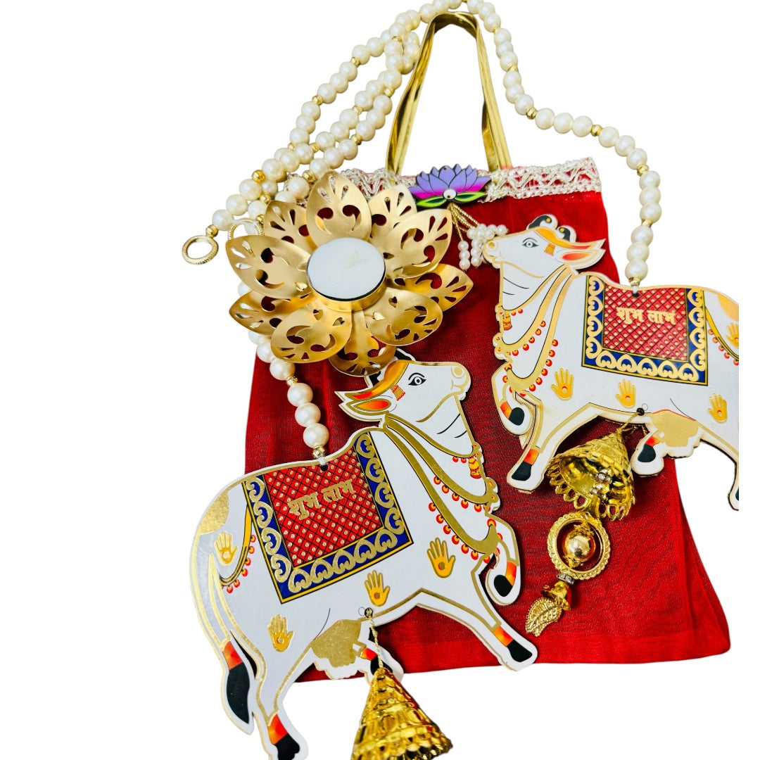 Gift Combo - Pearl & Pichwai Lari Shubh Labh & Metal Lotus Diya in Tissue Fabric Bag