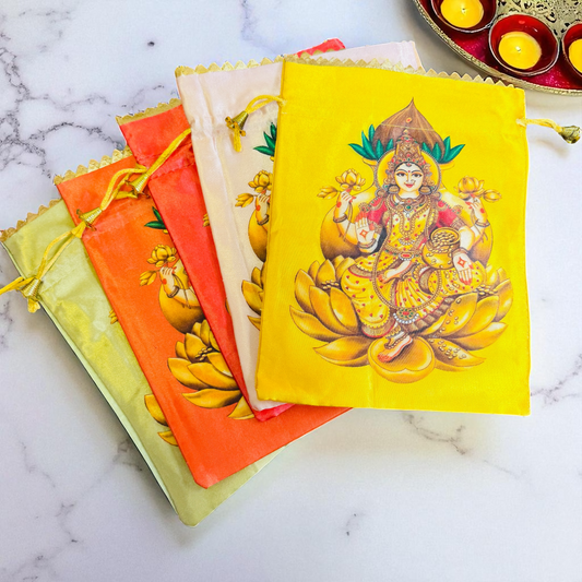 Laxmi Print Silk Potli Bags, Set of 5