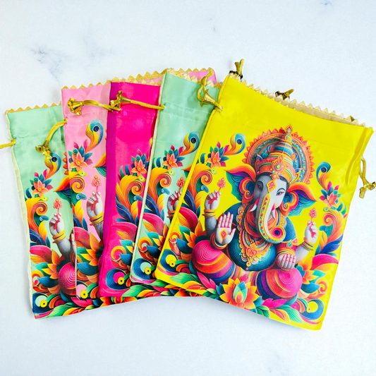 Ganesha Print Silk Potli Bags, Set of 5, 9 X 7 Inches For Ganpati Festival