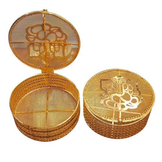 Round Golden Metal Ganesha Gift Boxes - Set of 2 - Perfect To Pack Small Gifts Like Diya, Jewelry