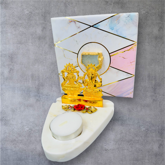 Marble T-Light Holder with Metal Laxmi Ganesh in Luxurious Gift Box