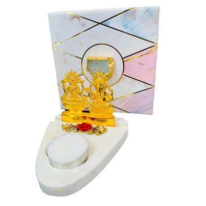 Marble T-Light Holder with Metal Laxmi Ganesh in Luxurious Gift Box