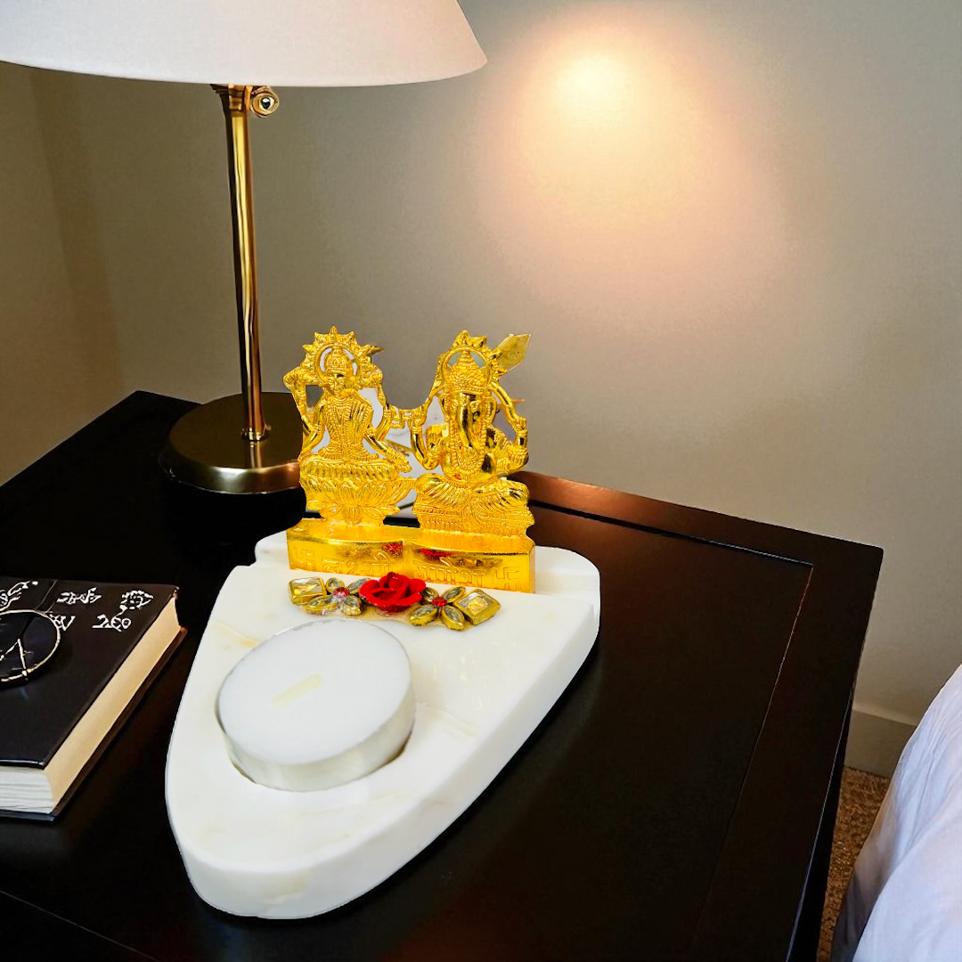 Marble T-Light Holder with Metal Laxmi Ganesh in Luxurious Gift Box