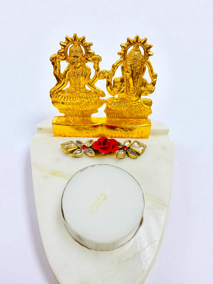 Marble T-Light Holder with Metal Laxmi Ganesh in Luxurious Gift Box
