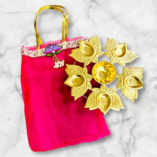 Small Lotus Urli with Tissue Bags Combo - Return Gifts for Housewarming, Diwali or Puja