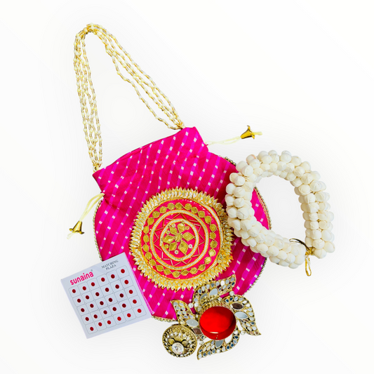 Karwachauth Gift Combo - Reusable Gajra, Sindoor Dibbi, Bindi & Gota Potli