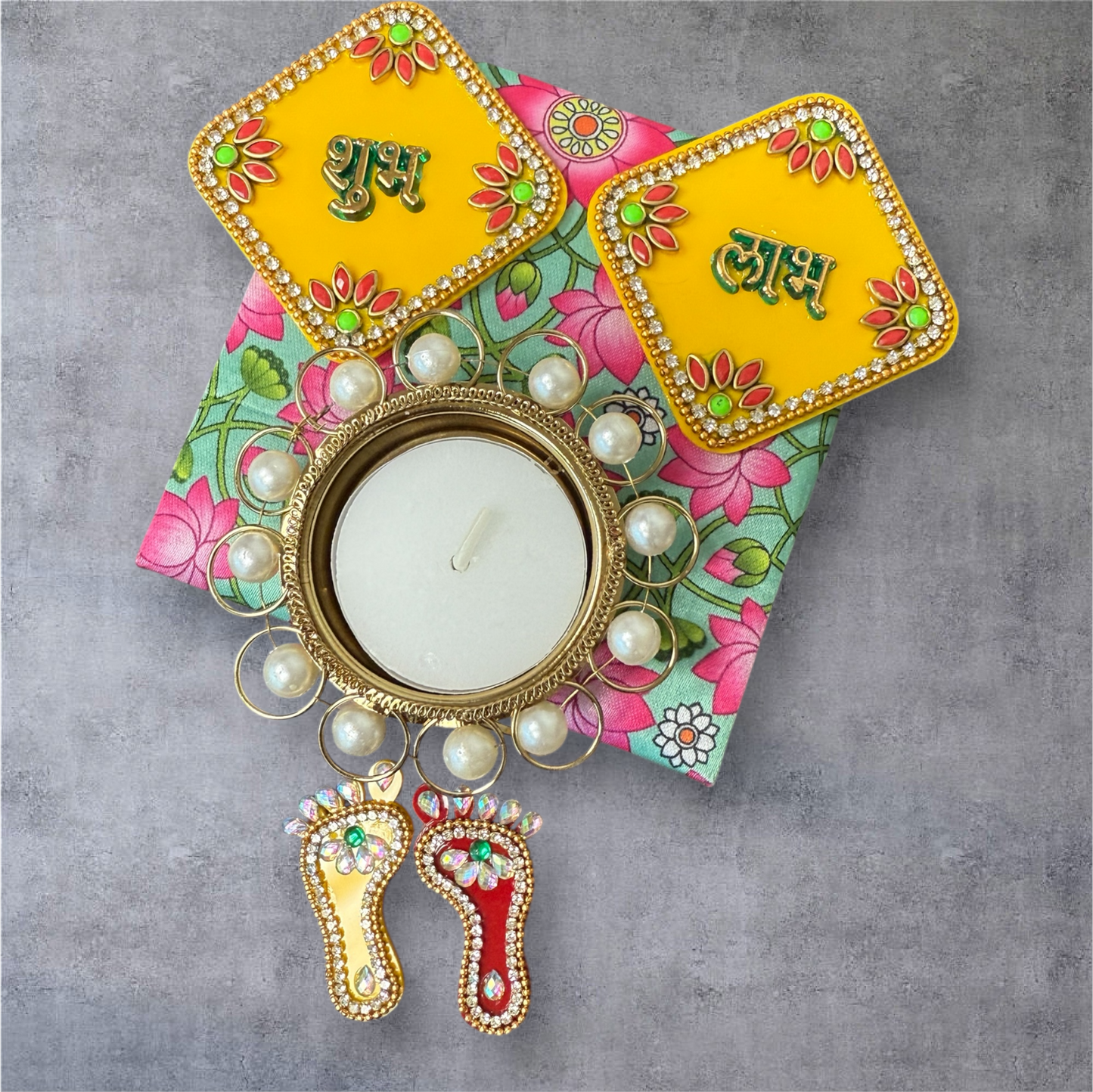 Auspicious Return Gifts for Indian Celebrations - Combo of Laxmi Charan, Shubh Labh & Diya in Lotus Print Gift Box