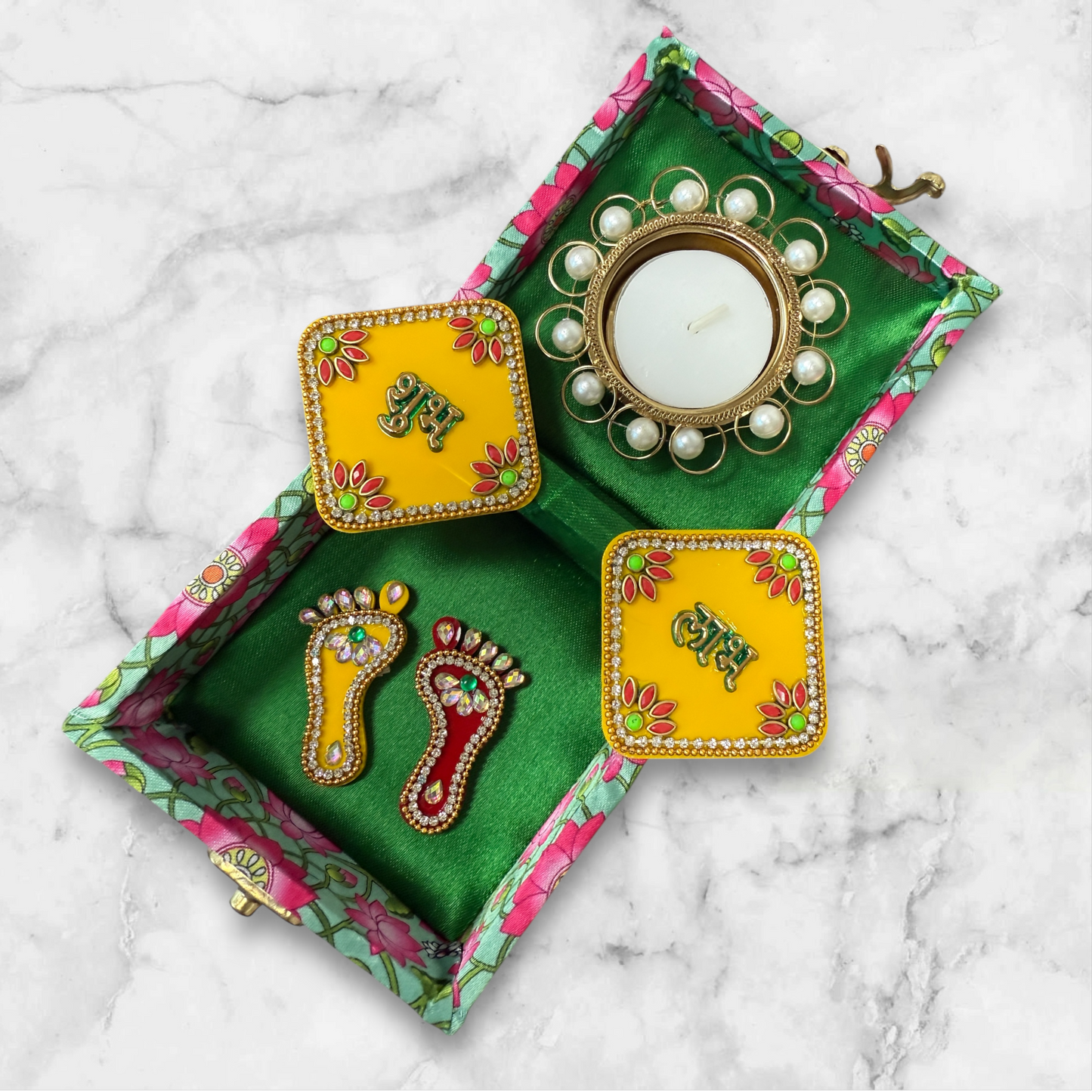 Auspicious Return Gifts for Indian Celebrations - Combo of Laxmi Charan, Shubh Labh & Diya in Lotus Print Gift Box