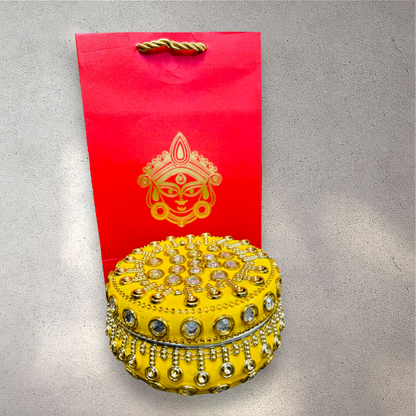 Ready to give Combo includes Stone Studded Stainless Steel Matki Box with Durga Gift Bag for Golu, Karwa Chauth, Navratri, Diwali Party, Indian Festivals