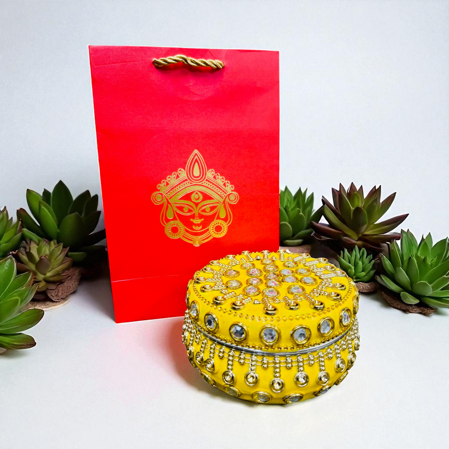Ready to give Combo includes Stone Studded Stainless Steel Matki Box with Durga Gift Bag for Golu, Karwa Chauth, Navratri, Diwali Party, Indian Festivals