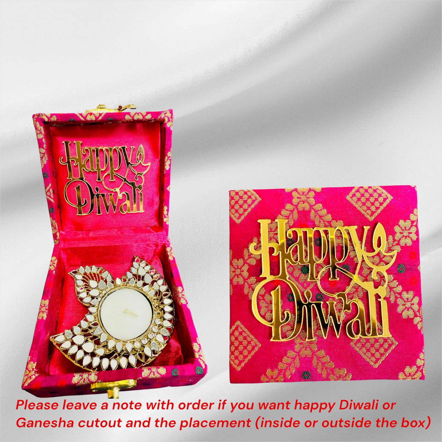 Mirror Diya with Box & Ganesha/Happy Diwali Cut Out - Set of 5
