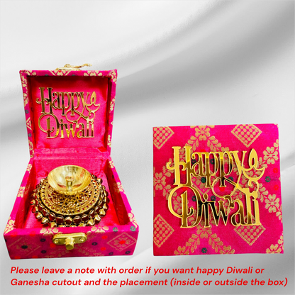 Brass Akhand Diya's with Ghungroo Base in MDF Gift Box & Ganesha Cutout
