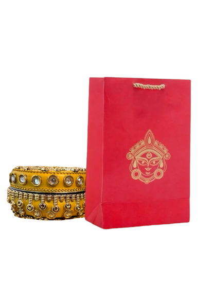 Ready to give Combo includes Stone Studded Stainless Steel Matki Box with Durga Gift Bag for Golu, Karwa Chauth, Navratri, Diwali Party, Indian Festivals