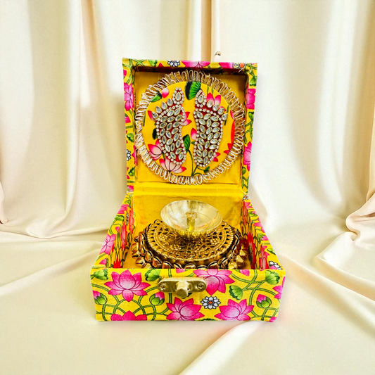 Ghungroo Akhand Diya & Laxmi Charan in Lotus Print Gift Box