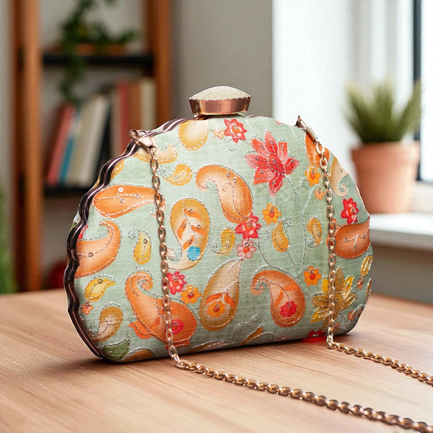 Pastel Green Floral Printed Zari Embroidery D Shaped Clutch