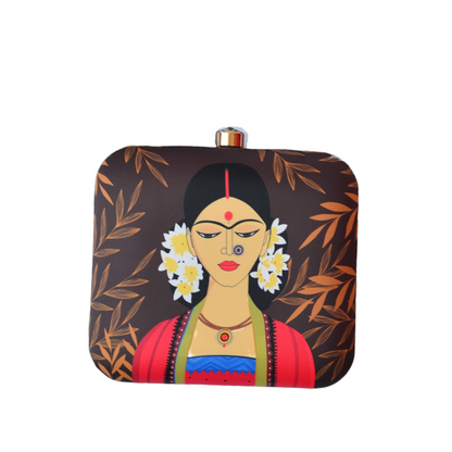 Indian Ethnic Designer Clutch with Lady Portrait with Bindi, Sindoor & Nose-pin
