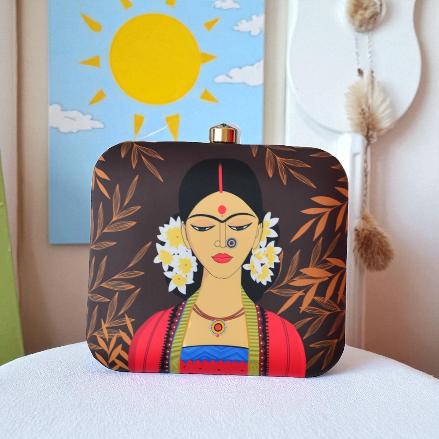 Indian Ethnic Designer Clutch with Lady Portrait with Bindi, Sindoor & Nose-pin