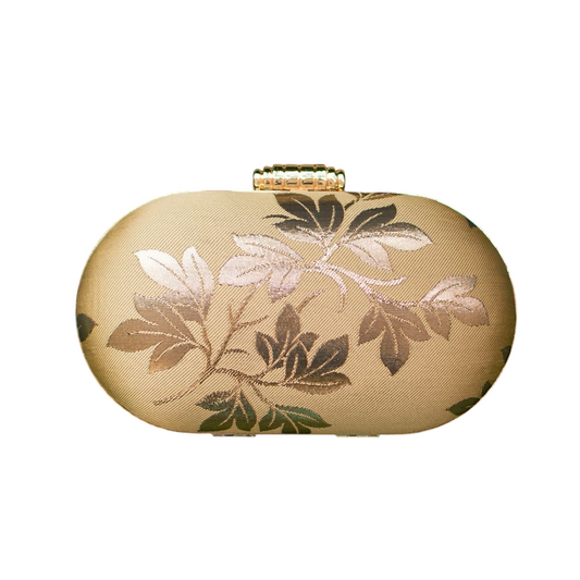 Beige And Golden Brocade Fabric Cylindrical Shape Clutch