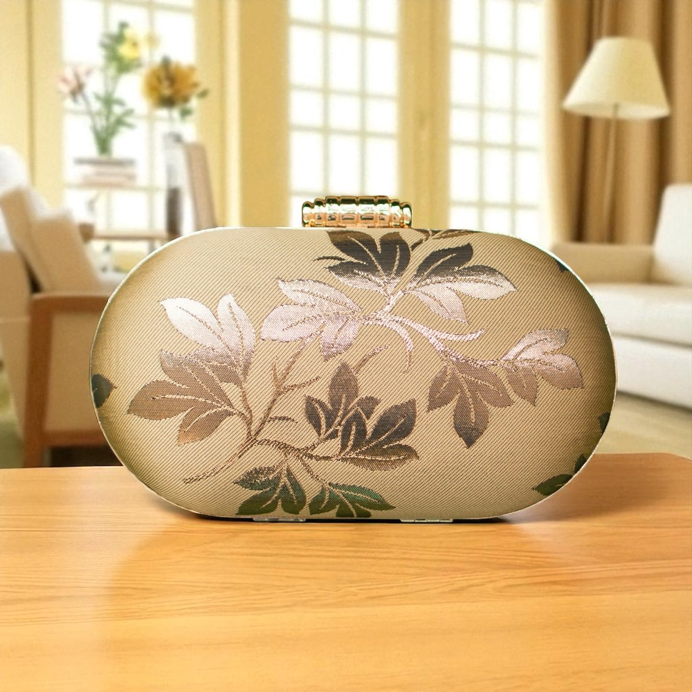 Beige And Golden Brocade Fabric Cylindrical Shape Clutch
