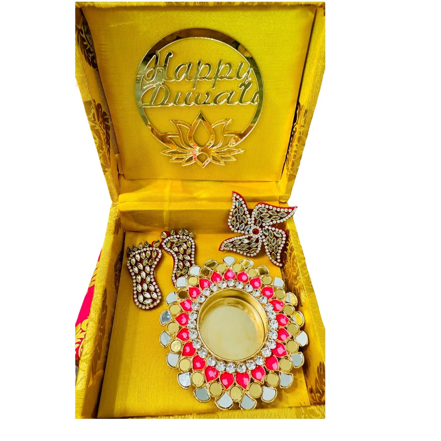 Diwali Gift Combos - Diya & Kundan  Laxmi Charan with Swastik in Gift Box