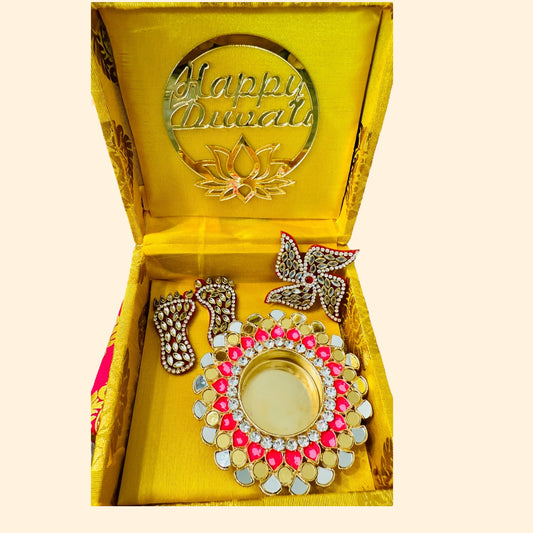 Diwali Gift Combos - Diya & Kundan  Laxmi Charan with Swastik in Gift Box