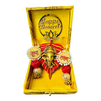 Ready-to-Gift Diwali Combos - German Silver Ganesha Hanging in Gift Box with Happy Diwali Decal