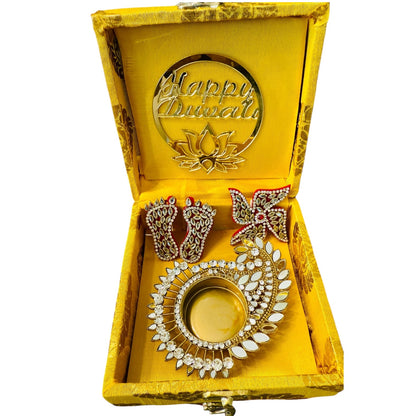 Diwali Gift Combos - Diya & Kundan  Laxmi Charan with Swastik in Gift Box
