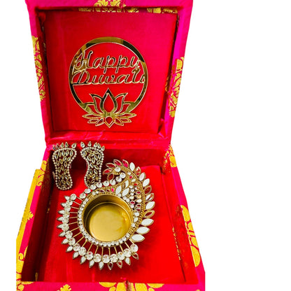 Diwali Gift Combos - Diya & Kundan  Laxmi Charan with Swastik in Gift Box