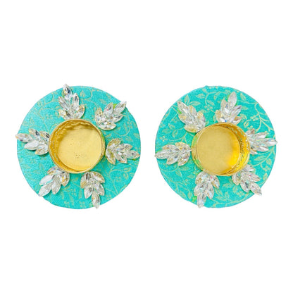Set of 2 Diya with Kundan or Stone Studded Design on Brocade/ T-Light Holder - Return Gift for Any Indian Celebration - Set of 2