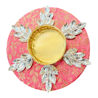 Set of 2 Diya with Kundan or Stone Studded Design on Brocade/ T-Light Holder - Return Gift for Any Indian Celebration - Set of 2 (Copy)