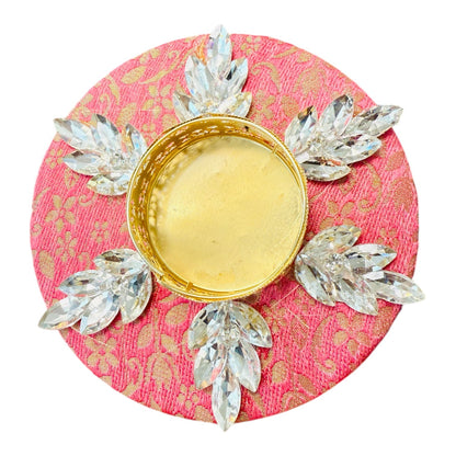 Set of 2 Diya with Kundan or Stone Studded Design on Brocade/ T-Light Holder - Return Gift for Any Indian Celebration - Set of 2