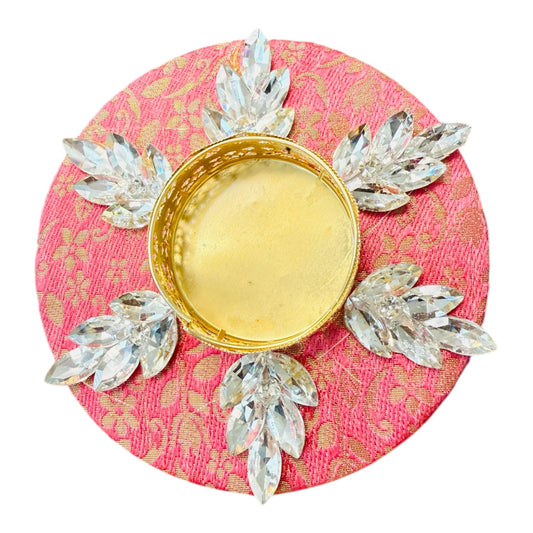 Set of 2 Diya with Kundan or Stone Studded Design on Brocade/ T-Light Holder - Return Gift for Any Indian Celebration - Set of 2