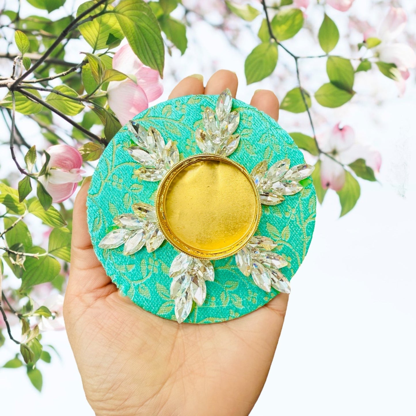 Set of 2 Diya with Kundan or Stone Studded Design on Brocade/ T-Light Holder - Return Gift for Any Indian Celebration - Set of 2