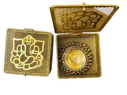 Brass Akhand Diya's with Ghungroo Base in Metal Gift Box with Ganesha Decal