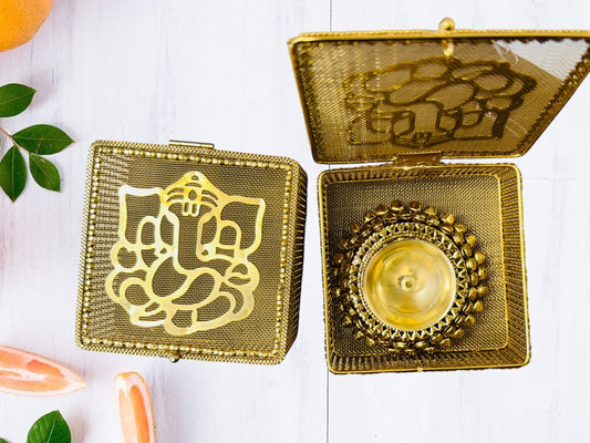 Brass Akhand Diya's with Ghungroo Base in Metal Gift Box with Ganesha Decal