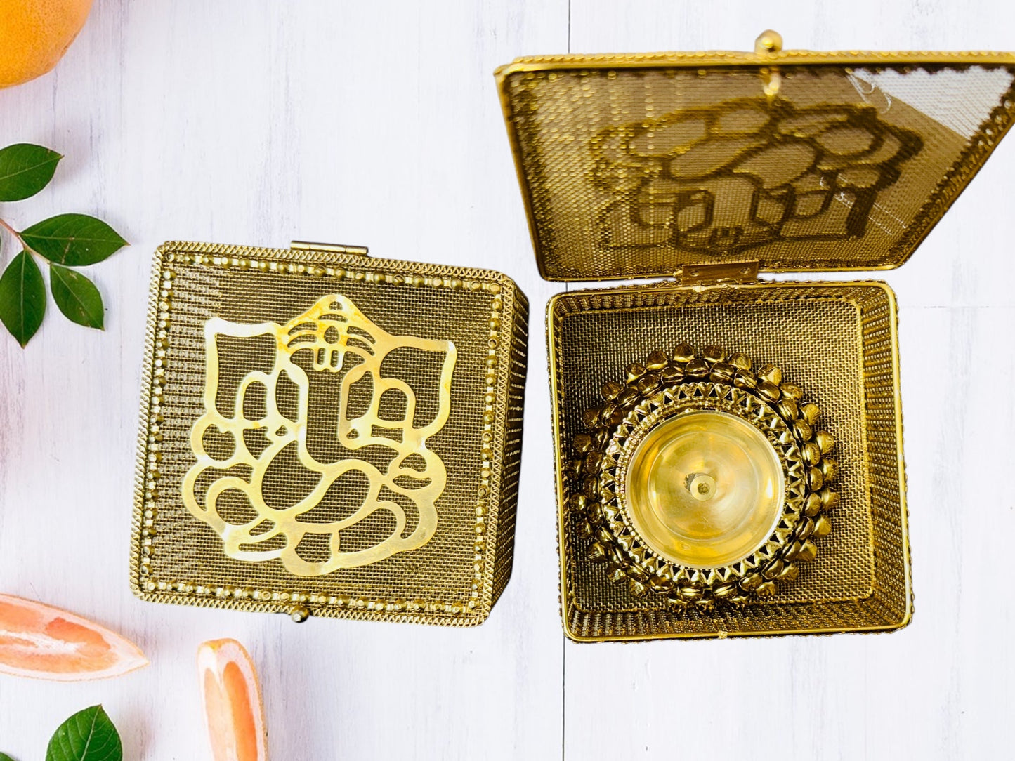 Brass Akhand Diya's with Ghungroo Base in Metal Gift Box with Ganesha Decal