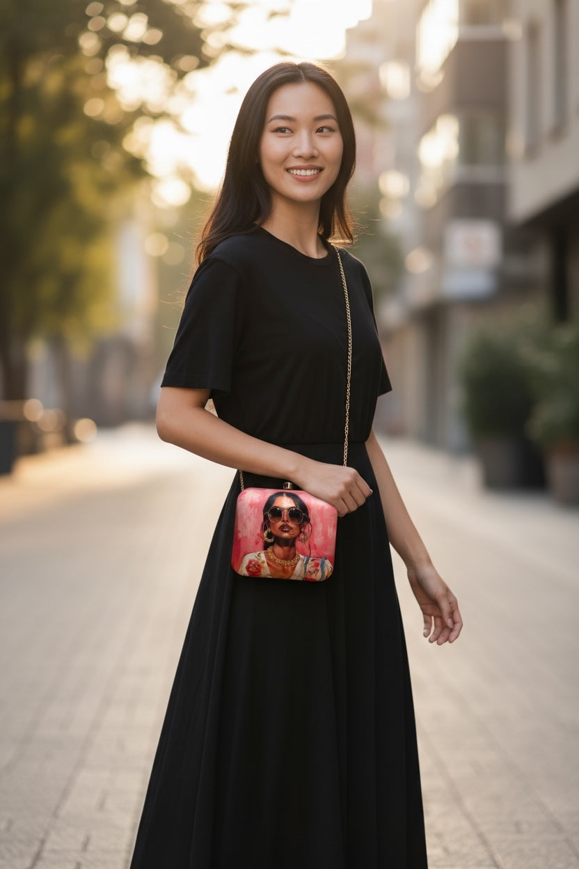 Indian Swag - Clutch with Women Portrait with Heavy Jewelry & Sunglasses