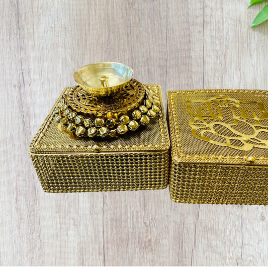 Brass Akhand Diya's with Ghungroo Base in Metal Gift Box with Ganesha Decal