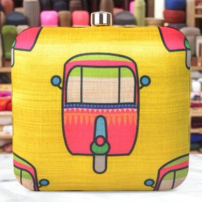 Auto Rickshaw Print Square Clutch with Chain to Carry