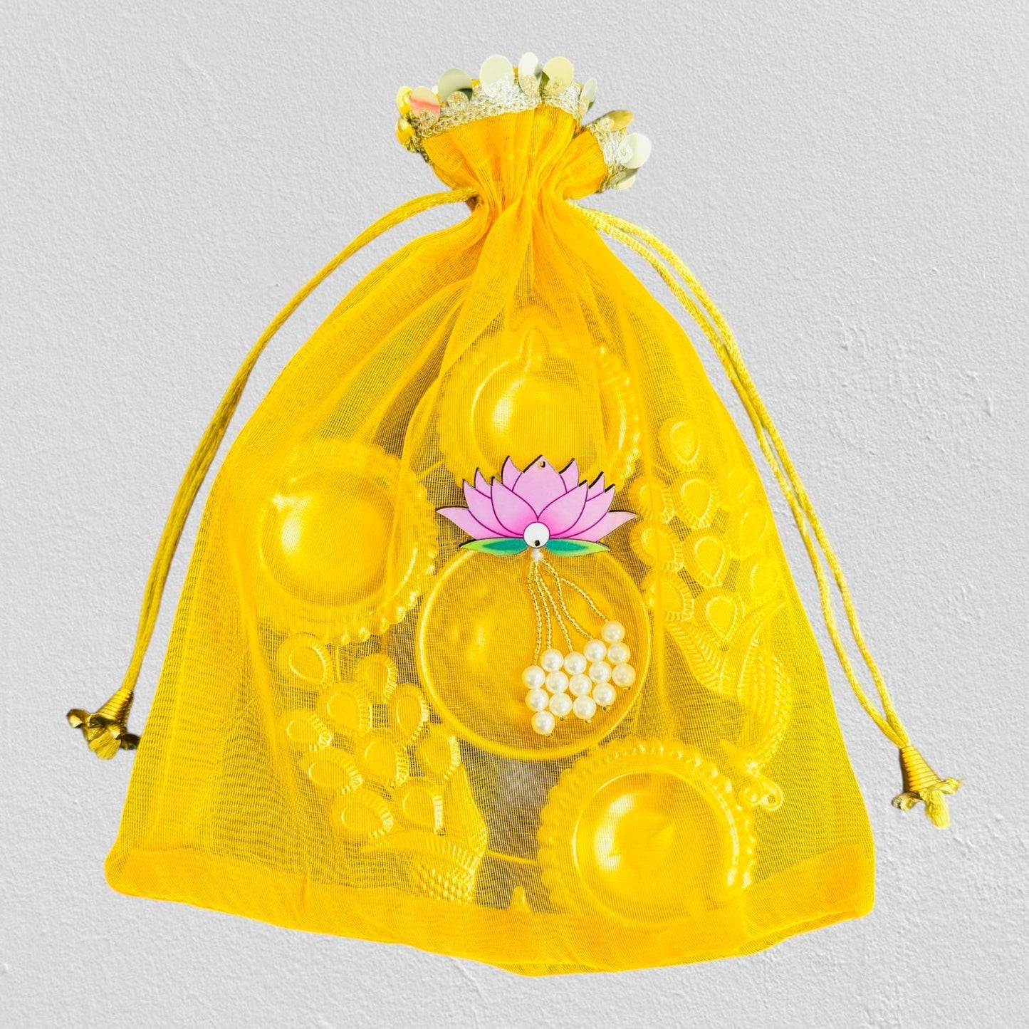 Small Peacock Urli with Tissue Potli Combo - Return Gifts for Housewarming, Diwali or Puja