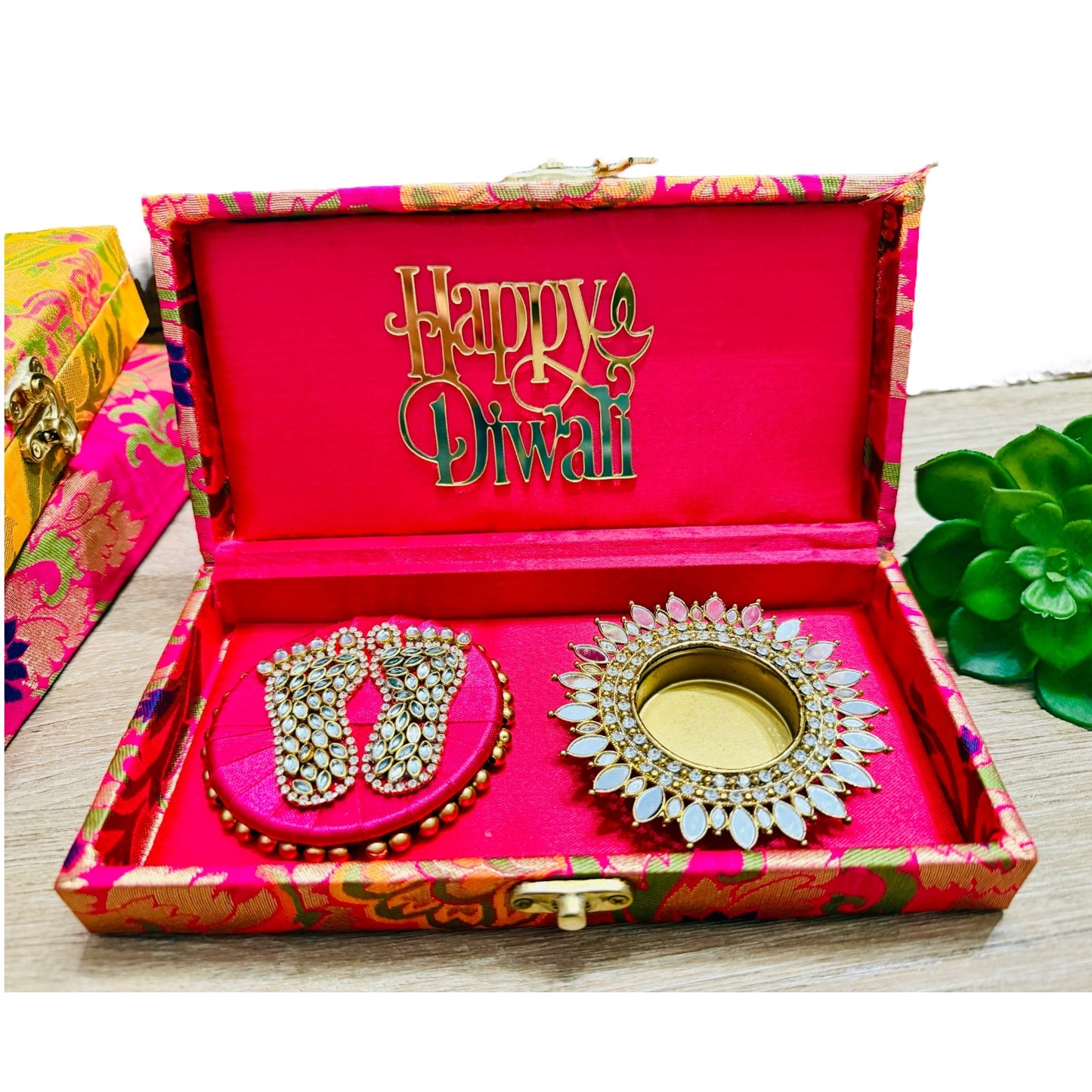 Gift Combo - Mirror T-Light Holder with Laxmi Charan in Brocade Box with Happy Diwali Cutout