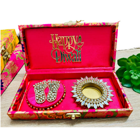 Gift Combo - Mirror T-Light Holder with Laxmi Charan in Brocade Box with Happy Diwali Cutout
