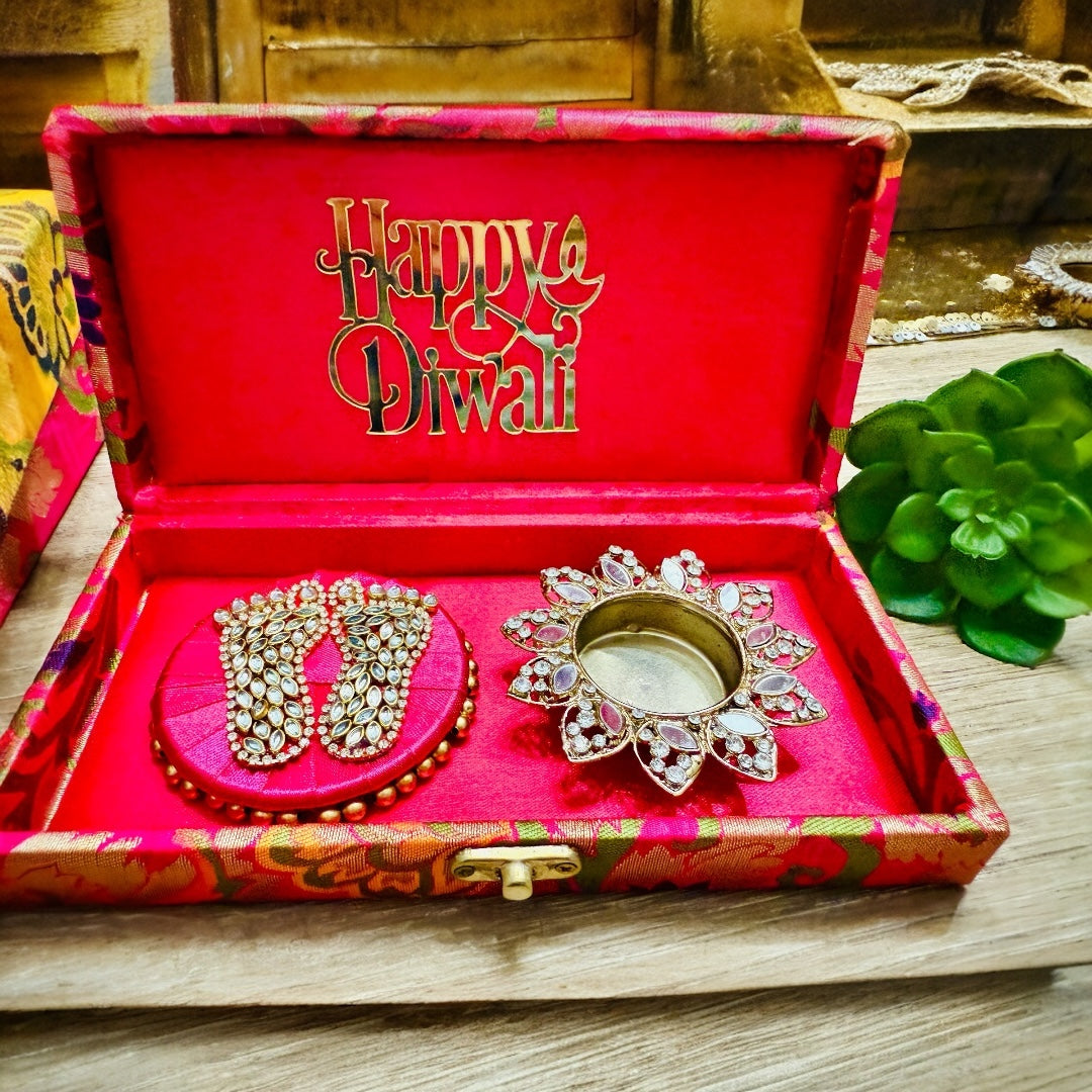 Gift Combo - Mirror T-Light Holder with Laxmi Charan in Brocade Box with Happy Diwali Cutout
