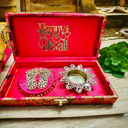 Gift Combo - Mirror T-Light Holder with Laxmi Charan in Brocade Box with Happy Diwali Cutout